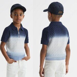 Reiss Micah Ombre Half Zip Polo T-Shirt Boys Size 11-12Y Blue‎ Cotton Cable Knit
